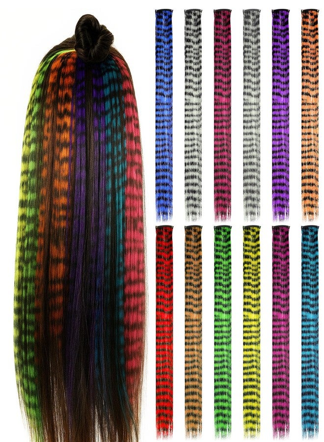 Suncalla 12 Pcs Stripe Printed Wig Piece Colorful Raccoon Tail Hair Extensions 18'' Synthetic Long Straight Clip-in Hair Extensions for Women Daily Use Halloween - Image 1